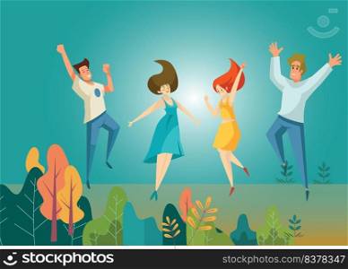 Happy free people flying, floating and jumping