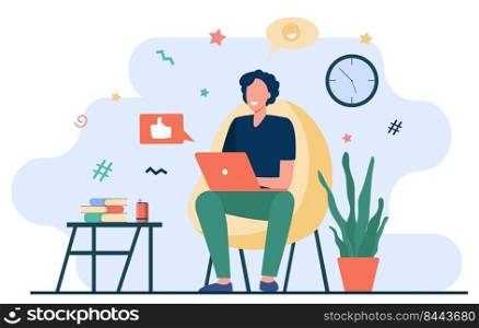 Happy freelancer with computer at home. Young man sitting in armchair and using laptop, chatting online and smiling. Vector illustration for distance work, online learning, freelance concept 