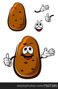 Happy fresh brown potato vegetable cartoon character giving a thumb up sign, for healthy vegetarian food design. Cartoon fresh brown potato vegetable