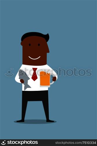 Happy friday and weekend cartoon concept with happy relaxed african american businessman which standing with light beer tankard and salted fish in hands. Manager celebrating end of a week with beer