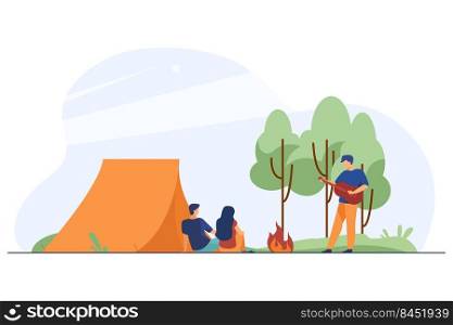 Happy friends c&ing on nature together. Tent, guitar, c&fire flat vector illustration. Adventure and weekend concept for banner, website design or landing web page