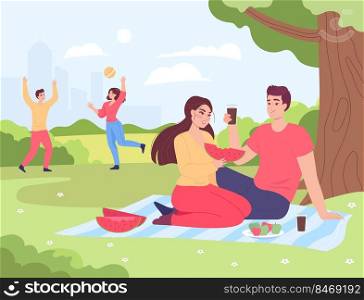 Happy friends eating together in park. Young man and woman playing ball game outdoors flat vector illustration. Vacation, communication, friendship concept for banner, website design or landing page