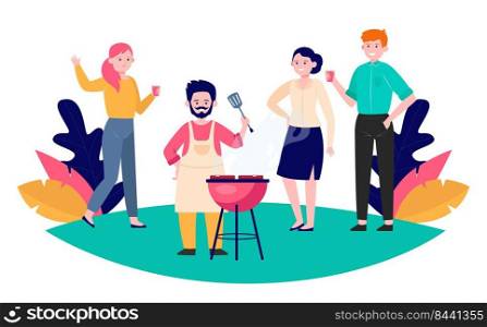 Happy friends enjoying barbecue party. Man in apron with spatula grilling meat outdoors  flat vector illustration. Leisure, summer, food concept for banner, website design or landing web page