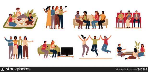 Happy friends. Friendly people spend time together, friend playing game and talking with friends. Millennials teen friendship celebrating hugging, Flat isolated vector icons illustration set. Happy friends. Friendly people spend time together, friend playing game and talking with friends flat vector illustration set