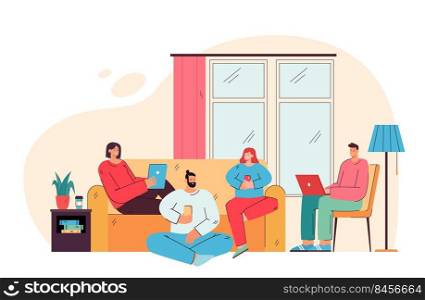 Happy friends sitting in living room with digital devices flat vector illustration. Cartoon users spending time together and using computers and smartphones. Internet surfing and network concept