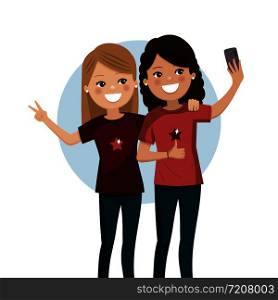 Happy friends taking a selfie. Pretty girls are photographed together. Isolated flat vector illustration