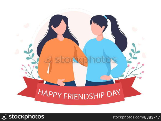 Happy Friendship Day Cute Cartoon Illustration with Young Boys and Girls of Hugging Together or Putting Their Hands in Flat Style