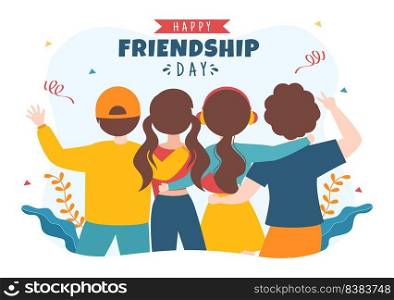 Happy Friendship Day Cute Cartoon Illustration with Young Boys and Girls of Hugging Together or Putting Their Hands in Flat Style