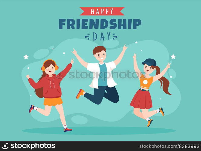 Happy Friendship Day Cute Cartoon Illustration with Young Boys and Girls of Hugging Together or Putting Their Hands in Flat Style