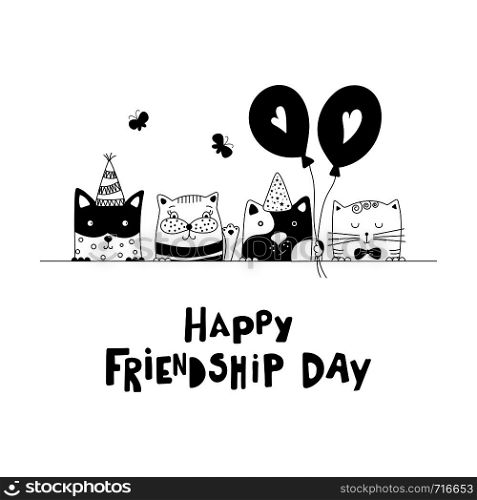 Happy friendship day. Cute cats best friends. Doodle style. Vector illustration.