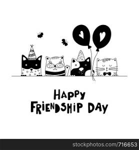 Happy friendship day. Cute cats best friends. Doodle style. Vector illustration.
