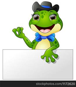 Happy frog cartoon holding blank sign