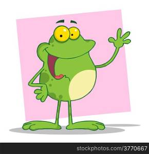 Happy Frog Cartoon Mascot Character Waving A Greeting