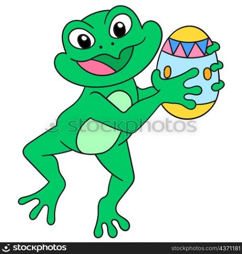 happy frogs carrying eggs are celebrating easter