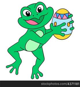 happy frogs carrying eggs are celebrating easter