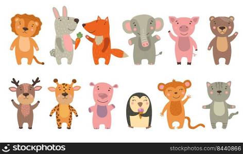Happy funny cartoon animals set. Cute lion, elephant, baby penguin, monkey, hippo, fox, pig, bear waving hello. Vector illustration for animals, zoo, jungle, mammals concept.