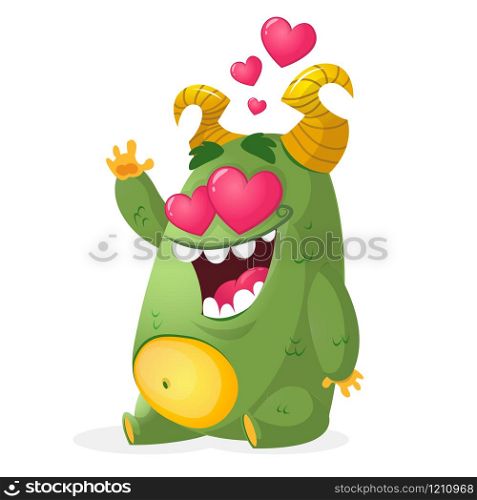 Happy funny little monster in love. Vector cartoon illustration of a green monster in love for St Valentines Day