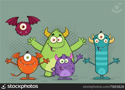 Happy Funny Monsters Cartoon Characters