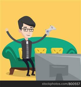 Happy gamer playing video game. An excited young man with console in hands playing video game at home. Man celebrating his victory in video game. Vector flat design illustration. Square layout.. Man playing video game vector illustration.