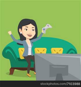 Happy gamer playing video game. An excited young woman with console in hands playing video game at home. Woman celebrating her victory in video game. Vector flat design illustration. Square layout.. Woman playing video game vector illustration.