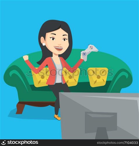 Happy gamer playing video game. An excited young woman with console in hands playing video game at home. Woman celebrating her victory in video game. Vector flat design illustration. Square layout.. Woman playing video game vector illustration.
