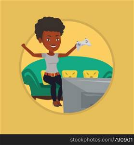 Happy gamer playing video game. Excited woman with console in hands playing video game. Woman celebrating victory in video game. Vector flat design illustration in the circle isolated on background.. Woman playing video game vector illustration.