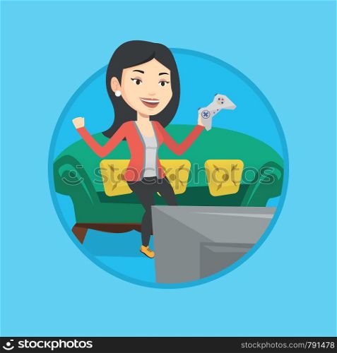 Happy gamer playing video game. Excited woman with console in hands playing video game. Woman celebrating victory in video game. Vector flat design illustration in the circle isolated on background.. Woman playing video game vector illustration.