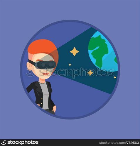 Happy gamer wearing futuristic virtual reality headset and looking at open space with earth model. Woman playing virtual game. Vector flat design illustration in the circle isolated on background.. Woman in vr headset getting in open space.