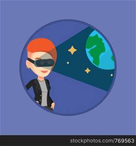 Happy gamer wearing futuristic virtual reality headset and looking at open space with earth model. Woman playing virtual game. Vector flat design illustration in the circle isolated on background.. Woman in vr headset getting in open space.