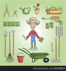 Happy gardener cartoon character in hat with plants seeds and tools set vector illustration