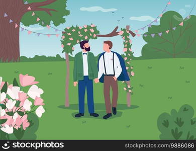 Happy gay couple on wedding day flat color vector illustration. Boho style marriage ceremony. Newly married husbands holding hands 2D cartoon characters with landscape on background. Happy gay couple on wedding day flat color vector illustration