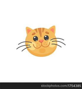 Happy ginger cat with long whiskers isolated happy emoticon. Vector red cat snout, feline purebred, short hair striped cat. Portrait of smiling kitten, head or print of home friendly animal. Ginger cat emoticon isolated happy kitten head