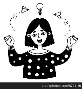 Happy girl and idea. Vector hand drawn doodle. Concept business idea, motivation, finding solution