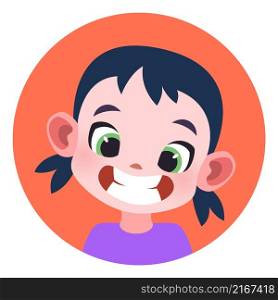 Happy girl avatar. Funny child profile picture isolated on white background. Happy girl avatar. Funny child profile picture