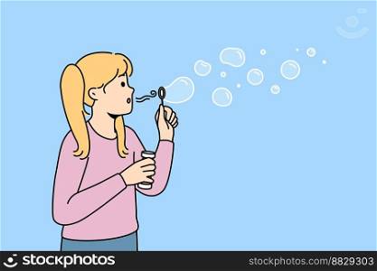 Happy girl child have fun blowing soap bubbles. Smiling kid blow soapsuds. Childhood game activity outdoors. Vector illustration. . Happy girl blowing soap bubbles