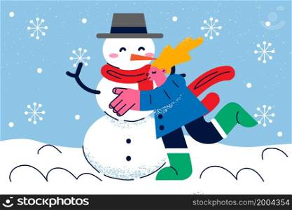 Happy girl child hug huge snowman play outdoor on winter holidays. Smiling kid engaged in funny game on vacation outside. Recreation concept. Playful childhood. Flat vector illustration. . Happy little girl make snowman outdoor