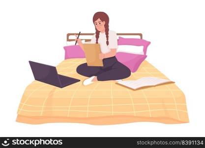 Happy girl doing home assignment with laptop in bed semi flat color vector character. Editable figure. Full body person on white. Simple cartoon style illustration for web graphic design and animation. Happy girl doing home assignment with laptop in bed semi flat color vector character
