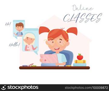 Happy girl during school chat video conference. Remote learning concept. vector illustration.