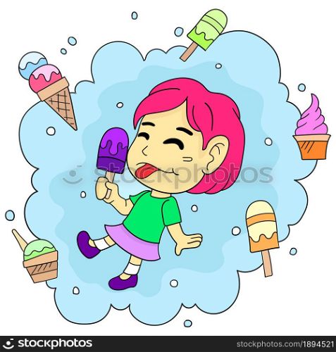 happy girl enjoying ice cream. cartoon illustration cute little girl sticker