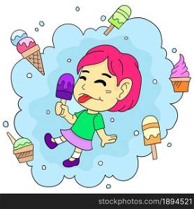 happy girl enjoying ice cream. cartoon illustration cute little girl sticker
