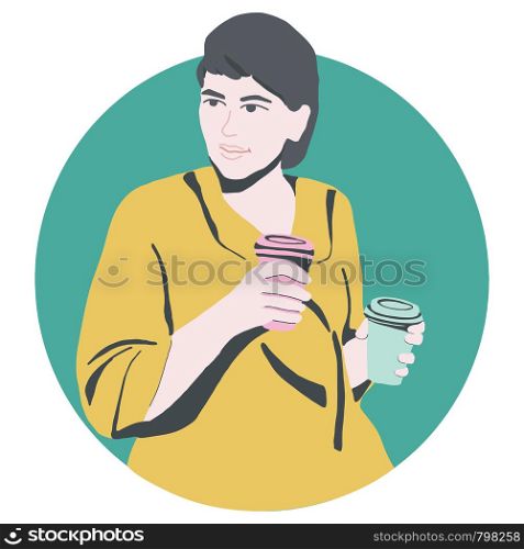 Happy girl holding two coffee cups. Illustration. Girl with paper coffe cups