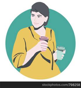 Happy girl holding two coffee cups. Illustration. Girl with paper coffe cups