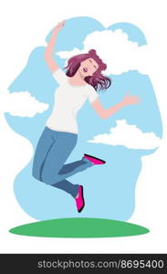 Happy girl in a white t-shirt and jeans jump to the sky illustration.