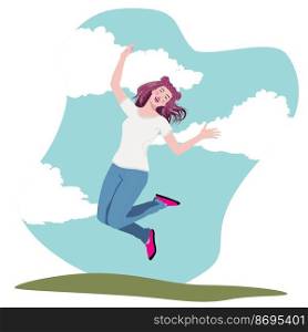 Happy girl in a white t-shirt and jeans jump to the sky illustration.