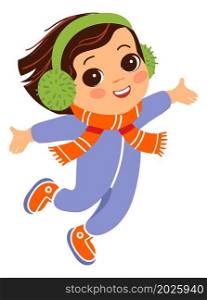 Happy girl in earmuffs and scarf. Excited kid playing outdoors in winter. Vector illustration. Happy girl in earmuffs and scarf. Excited kid playing outdoors in winter