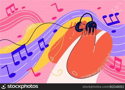 Happy girl in headphones listening to music. Smiling young woman enjoy good quality sound in headphones. Hobby and entertainment. Vector illustration.. Happy girl listen music in headphones