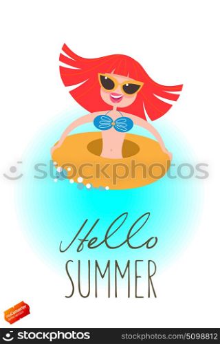 Happy girl in rubber ring. Vacation at sea! The beach activities. Vector illustration.
