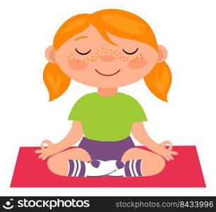 Happy girl in yoga pose. Calm cartoon child isolated on white background. Happy girl in yoga pose. Calm cartoon child