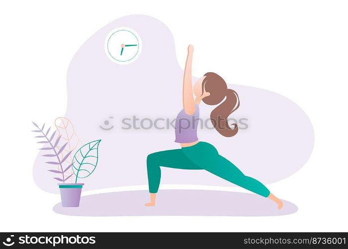 Happy girl in yoga pose,Warrior Pose or Virabhadrasana asana in hatha yoga,simple human character,flat vector illustration