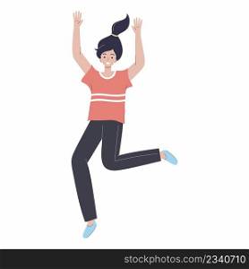 Happy girl is jumping for joy. Vector symbol in flat style.